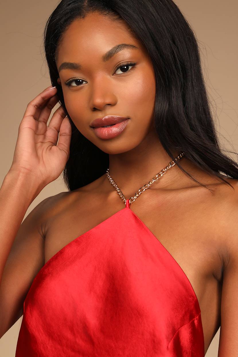 Red Satin Dress - Chain Detail Dress - Halter Dress - Mini Dress - Lulus