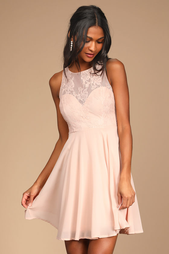 Chic Beginnings Blush Lace Sleeveless Skater Mini Dress 1