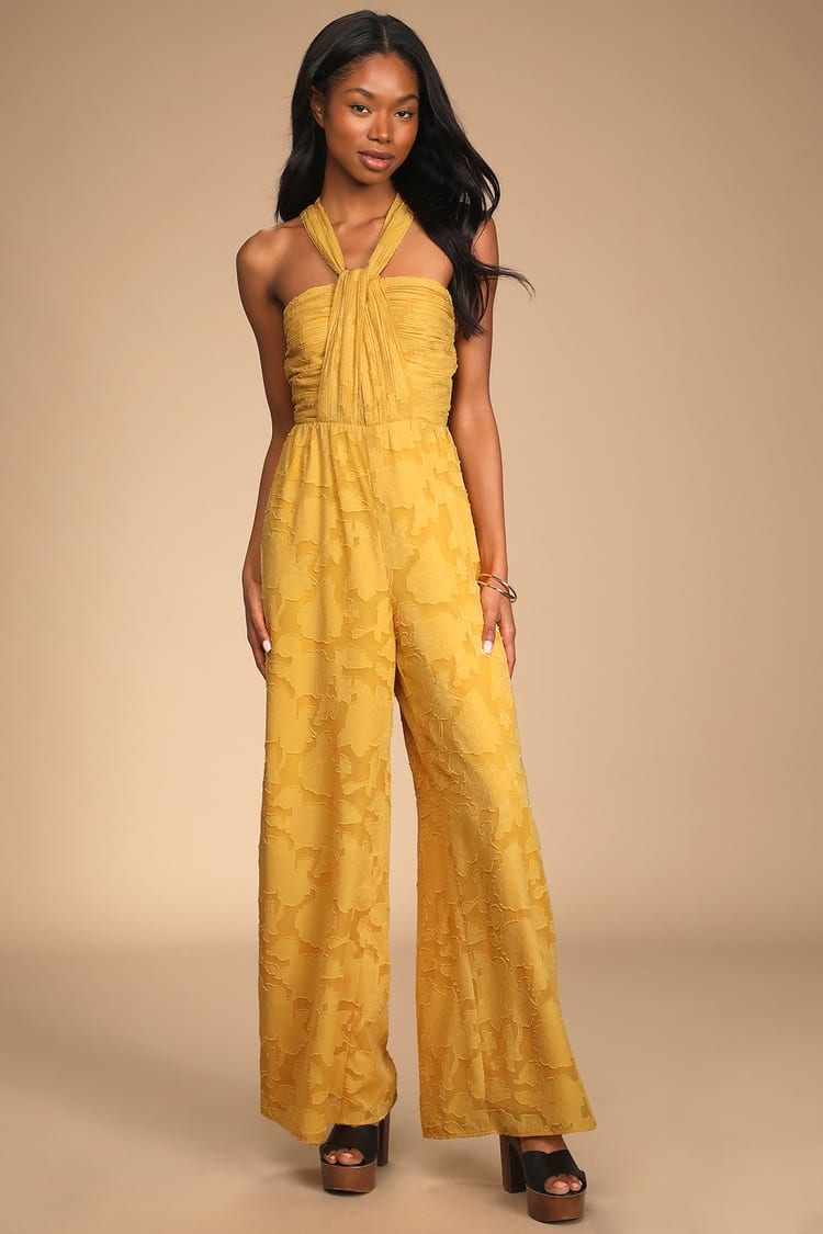 Mustard Jumpsuit - Jacquard Chiffon Jumpsuit - Floral Jumpsuit - Lulus
