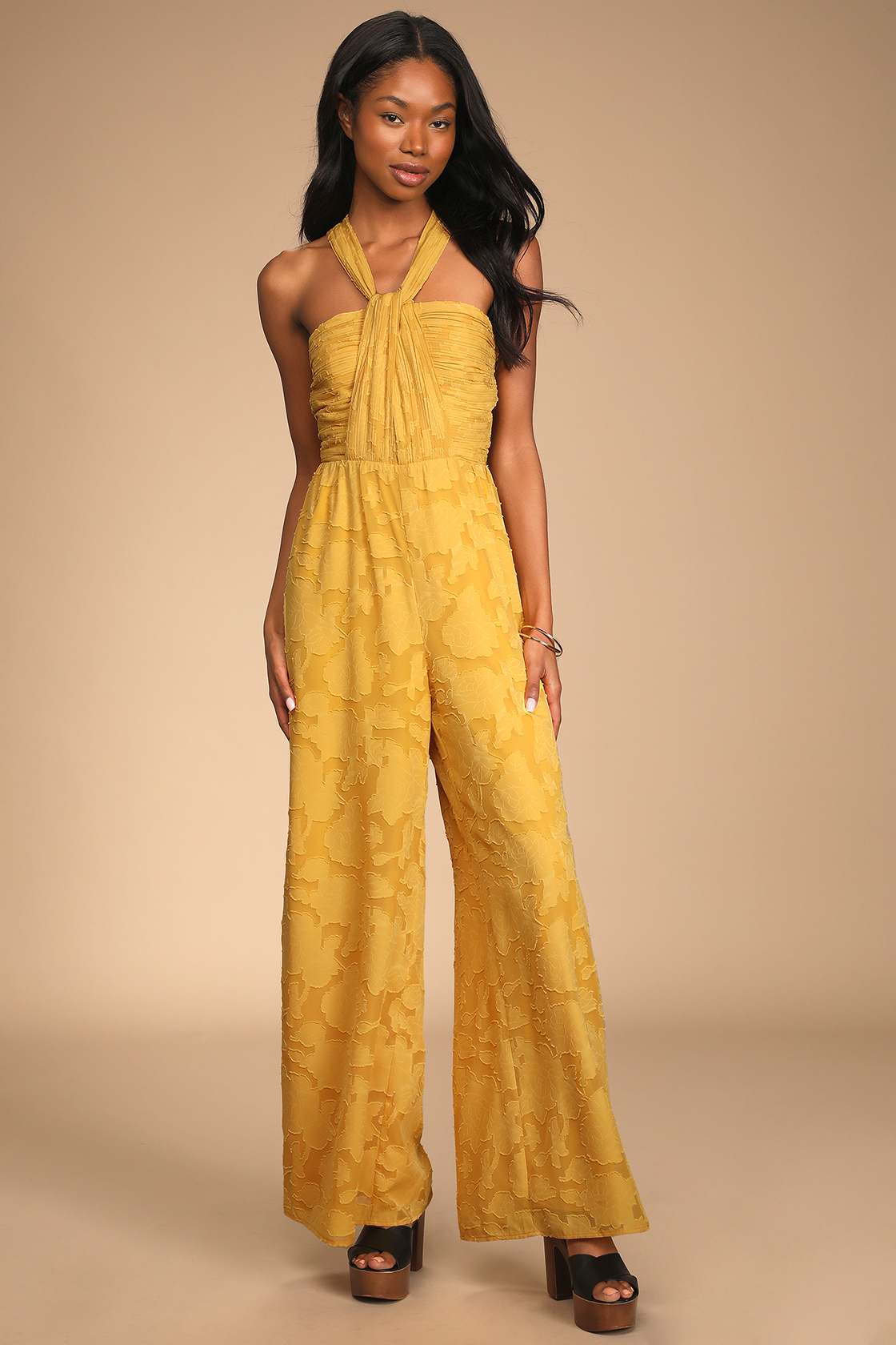 Mustard Jumpsuit Jacquard Chiffon Jumpsuit Floral Jumpsuit Lulus