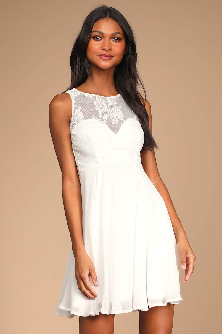 White Pink Dress - Lace Mini Dress - Sleeveless Skater Dress - Lulus