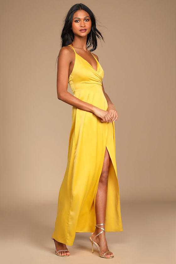 Outstanding Elegance Mustard Yellow Satin Surplice Maxi Dress 6
