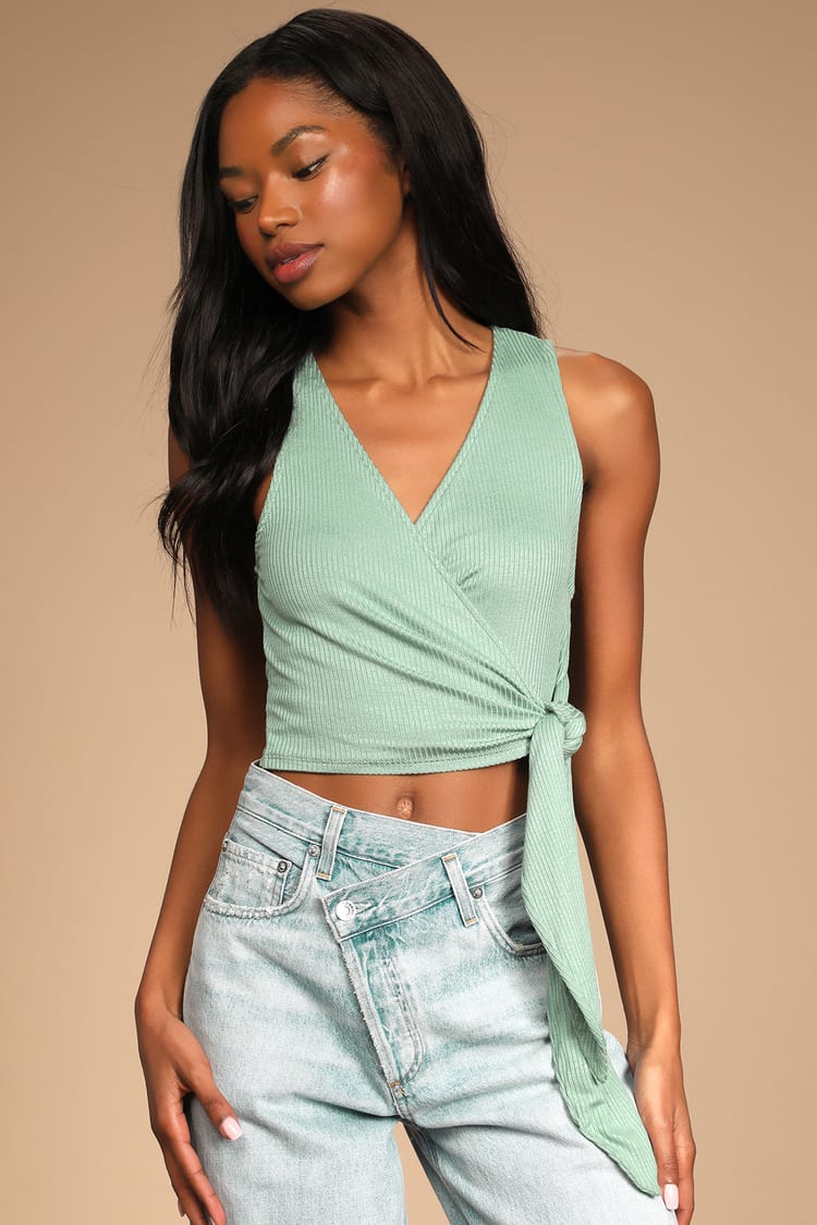 Sage Green - Sleeveless Wrap Top - Tops - Shirts -