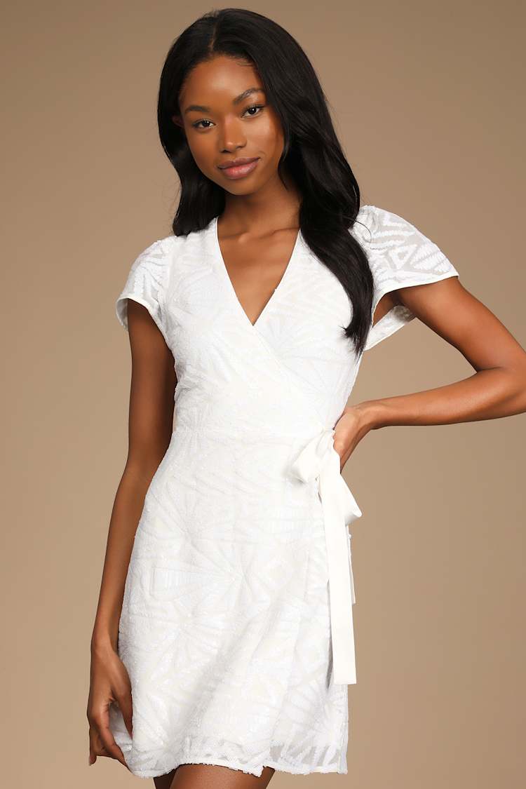 short sequin wrap dress Short Sleeve Sequin Mock Wrap Dress