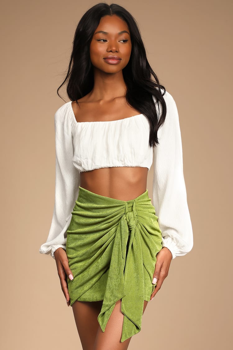 Green Mini Skirt - Tie-Front Mini Skirt - Shiny Ruched Skirt - Lulus