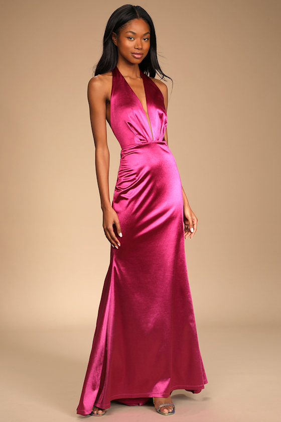 Beguiling Beauty Magenta Satin Halter Mermaid Maxi Dress 1