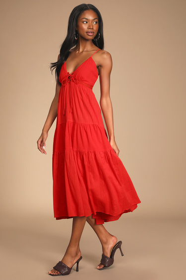 Out and About Bright Red Tiered Lace-Up Midi Dress
