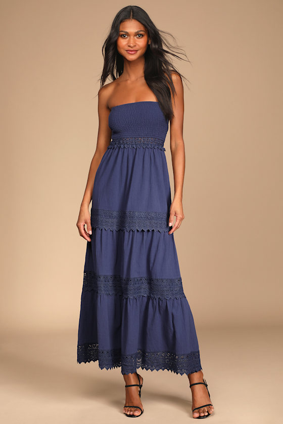Season of Sunshine Navy Blue Strapless Tiered Maxi Dress 5