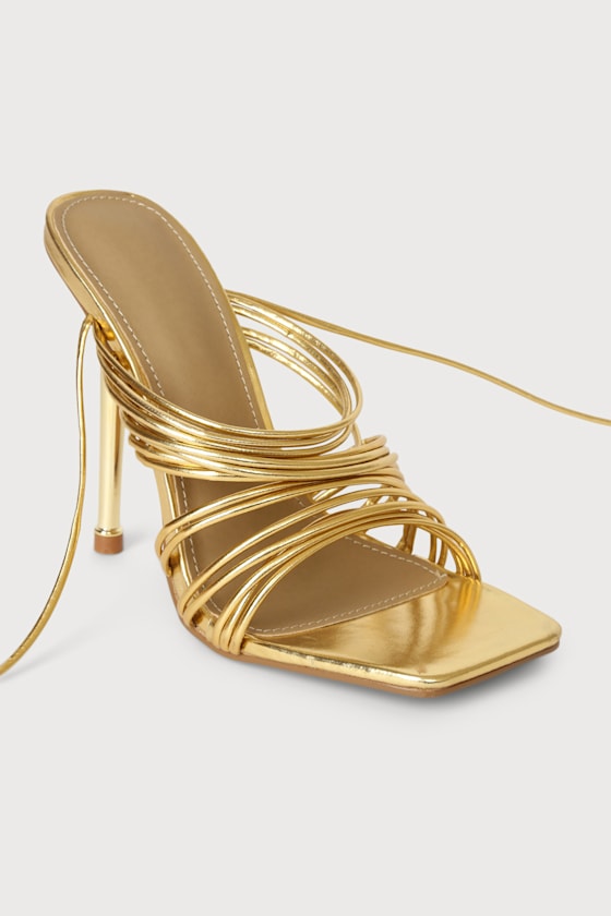Kaelynn Gold Strappy Lace-Up Square-Toe High Heeled Sandals 3
