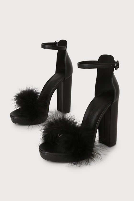 Dalilah Black Feather Ankle Strap High Heel Platform Sandals 3