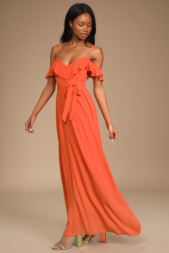 Tropical Thrills Coral Ruffled Off-The-Shoulder Maxi Dress 5