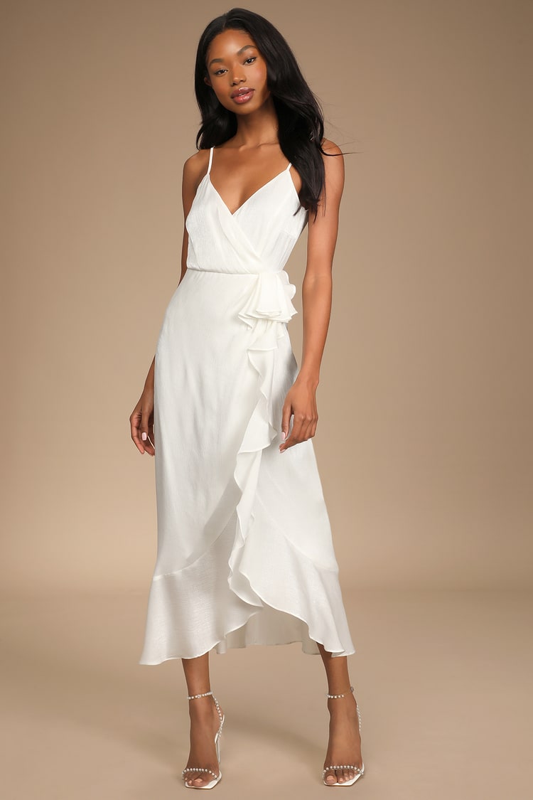 Captivated Beauty White Satin Ruffled Midi Dress