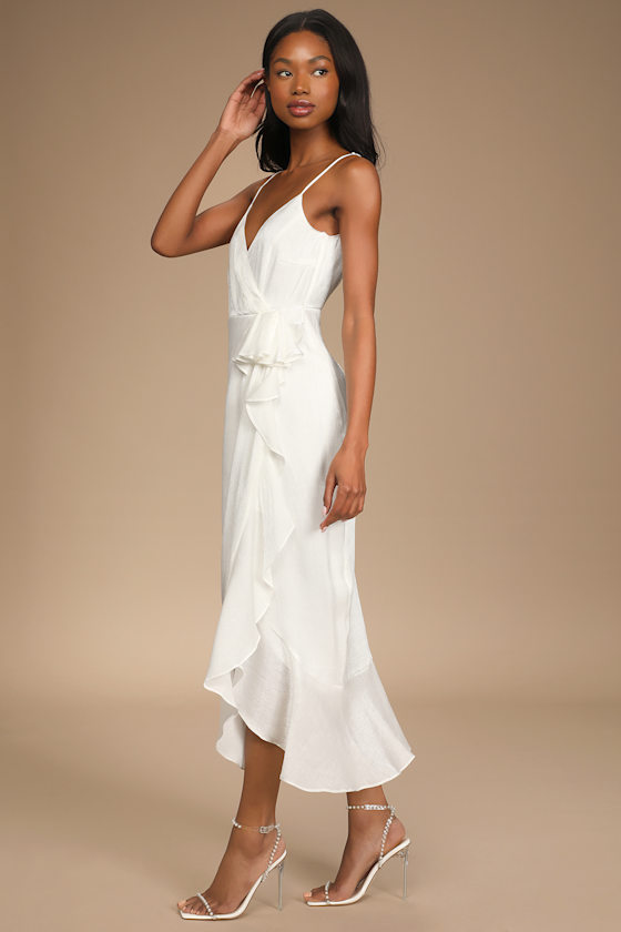 Captivated Beauty White Satin Ruffled Midi Dress 5