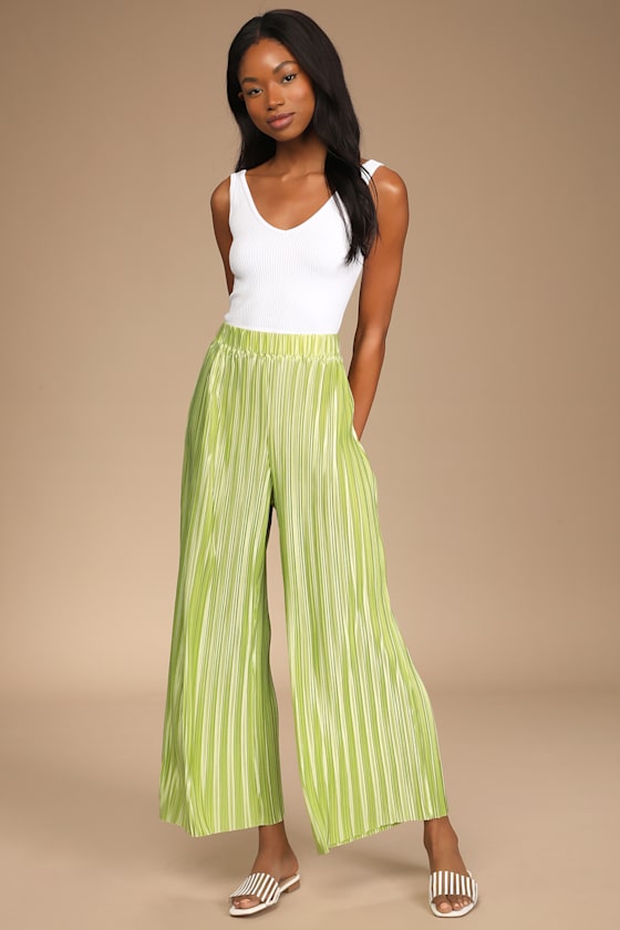 Tropical Temperatures Lime Green Satin Plisse Wide-Leg Pants 1