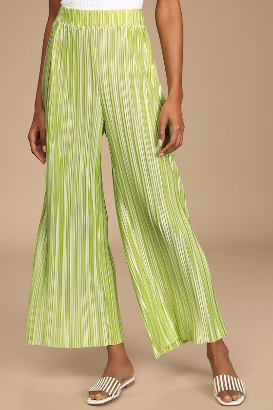 Tropical Temperatures Lime Green Satin Plisse Wide-Leg Pants 4