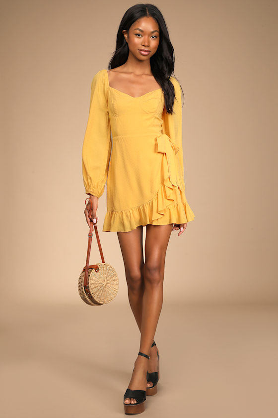 Yellow Mini Dress - Balloon Sleeve Dress - Wrap Skirt Dress - Lulus