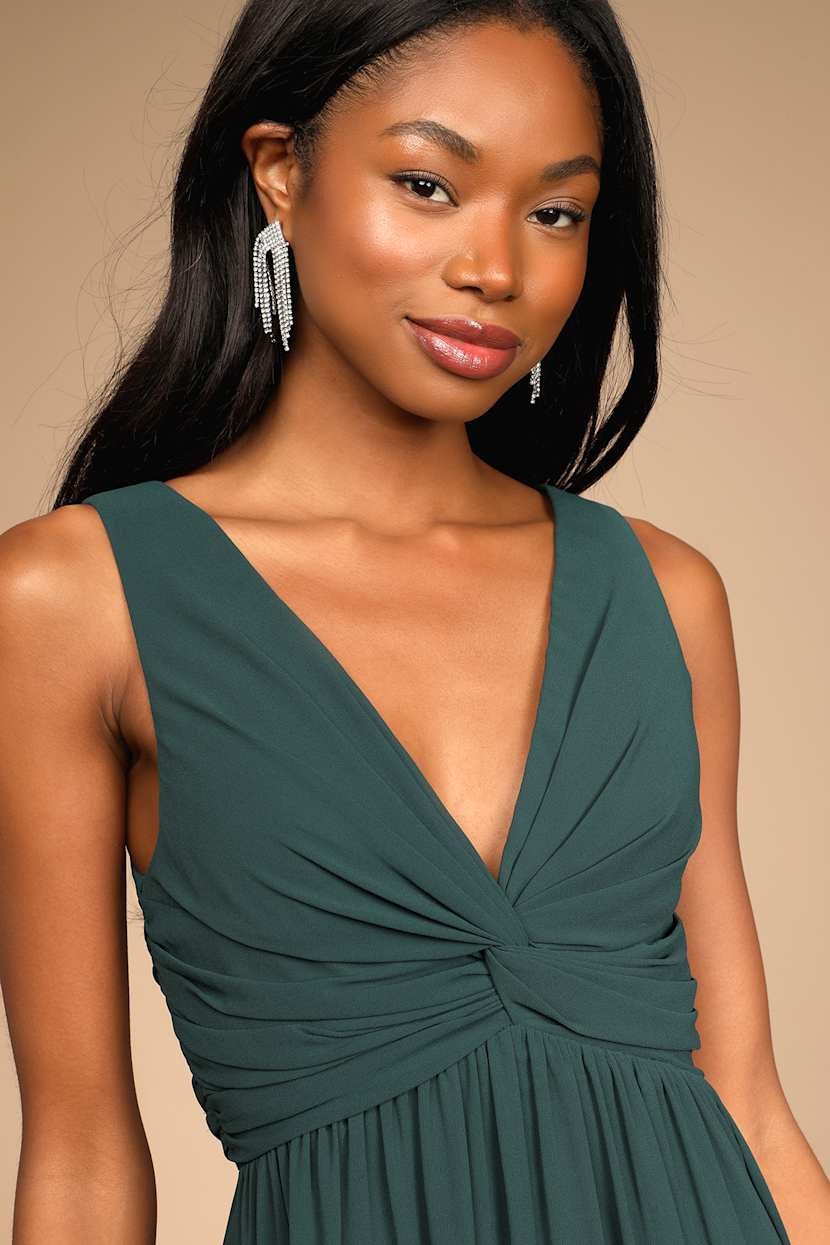 green twist front dress Twist-Front Long Prom Dress with Sheer Waist Greenery / Medium