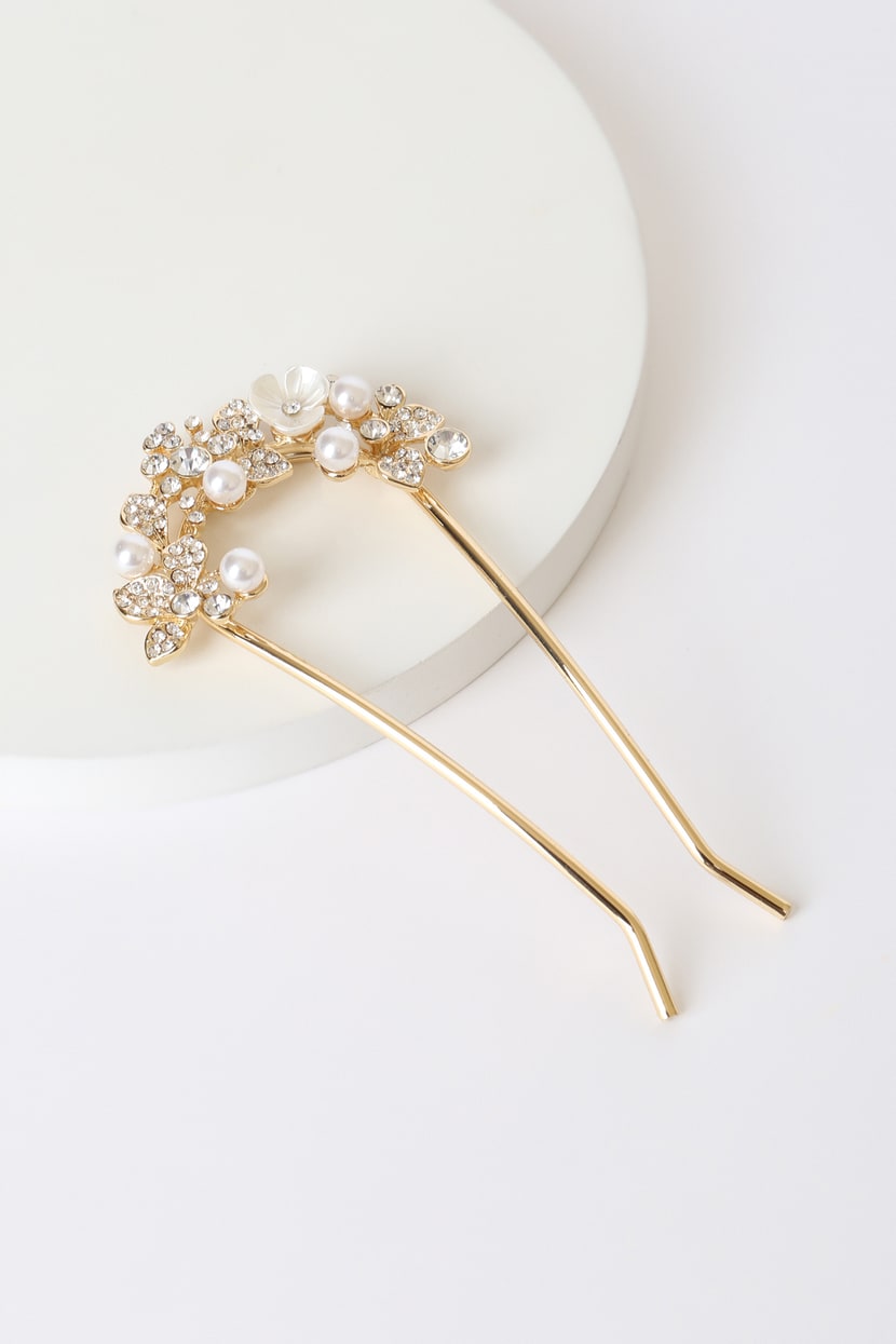 Gold Rhinestone Hair Stick - Pearl Hair Stick - Bridal Hair Stick