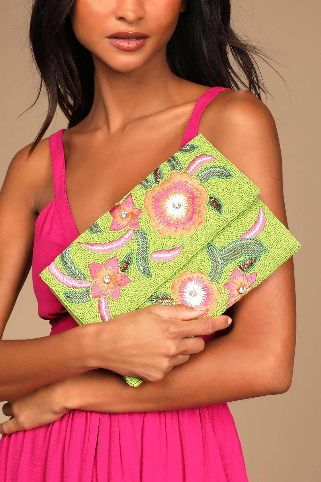 Cute Green Floral Beaded Clutch for Vacation and Dinner at Resorts
