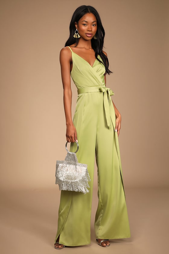 Lime Green Satin Jumpsuit Slit Leg Jumpsuit WideLeg Jumpsuit Lulus