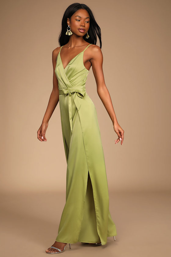 Classy Night Out Lime Green Satin Slit Leg Jumpsuit 6