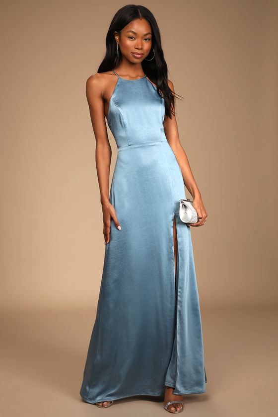 Make It Elegant Slate Blue Satin Strappy Maxi Dress