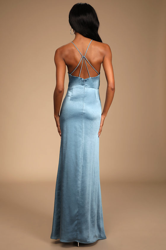 Make It Elegant Slate Blue Satin Strappy Maxi Dress 1