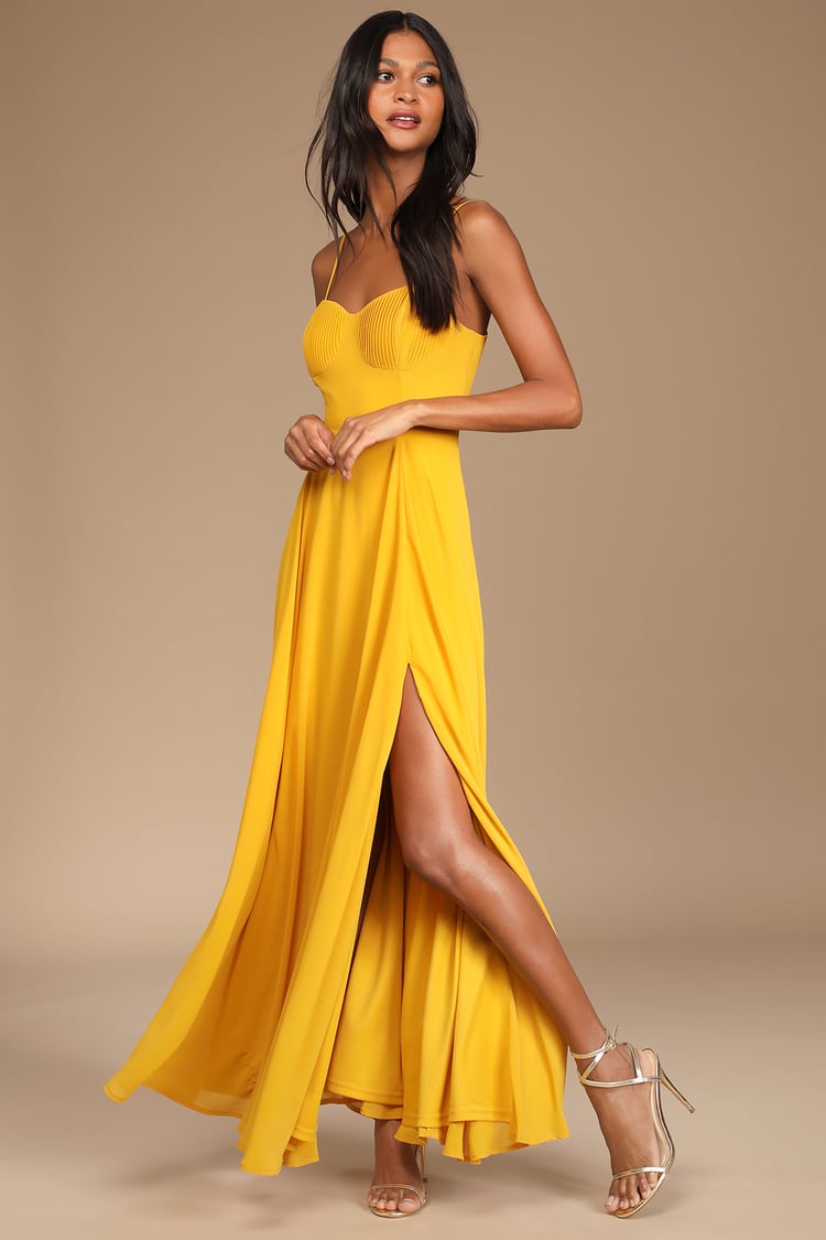 Golden Yellow Pleated Bustier Maxi Dress | Womens | Small (Available in XXS, XS, M, L, XL) | 100% Polyester | Lulus