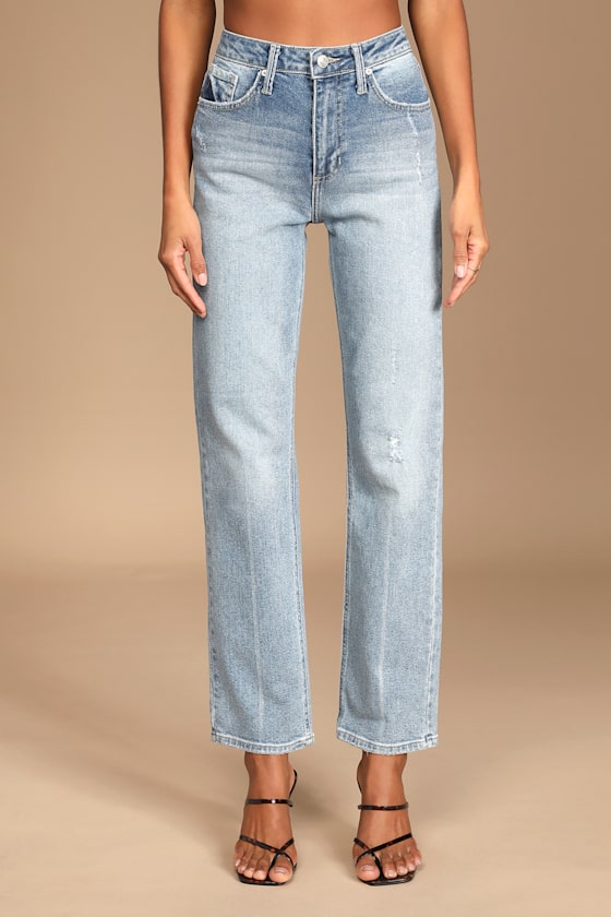 Cool Girl Style Medium Wash Straight Leg High-Waisted Jeans 3