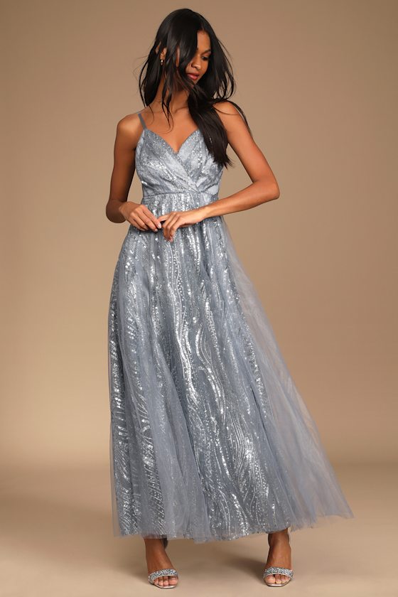 Shining All Night Grey Glitter Surplice Maxi Dress 1