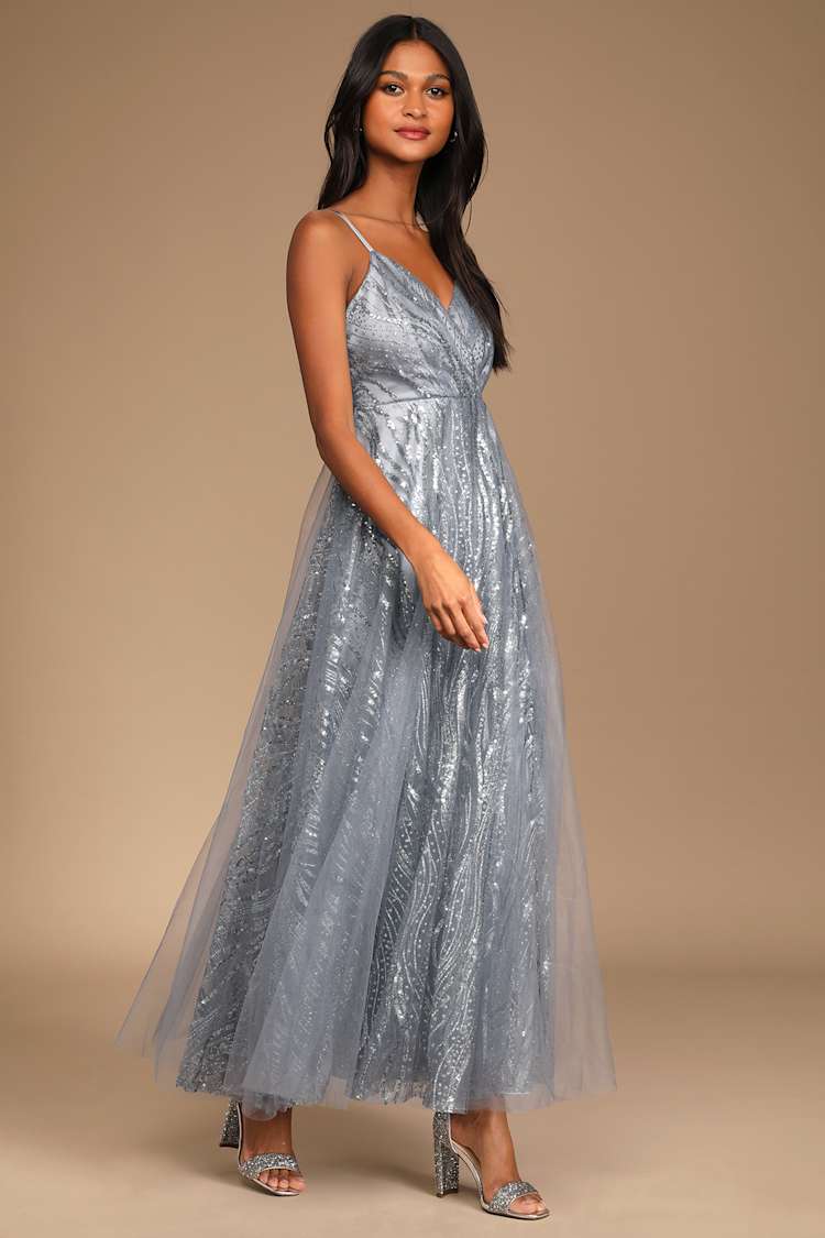 Grey Glitter Dress - Surplice Maxi Dress - Glitter Prom Dress - Lulus