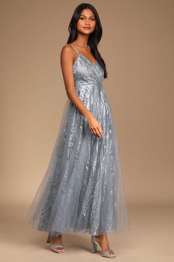 Shining All Night Grey Glitter Surplice Maxi Dress 5