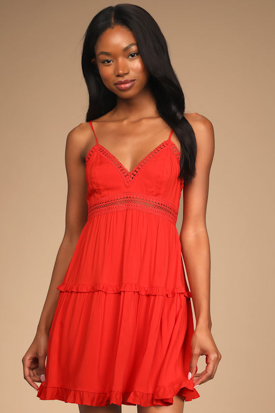 Serene Soul Bright Red Crochet Lace Tiered Mini Dress 4