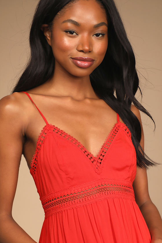 Red Tiered Mini Dress - Ruffled Dress - Crochet Detail Dress