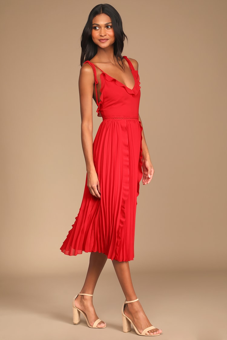 Bright Red Tie-Strap Dress - Pleated Dress - Midi Dress - Lulus