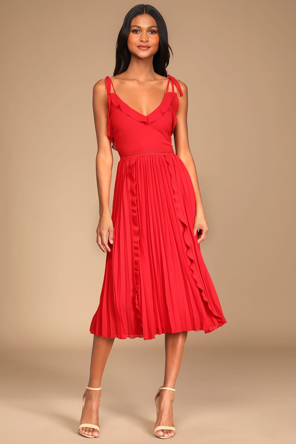 Never a Dull Moment Bright Red Tie-Strap Pleated Midi Dress