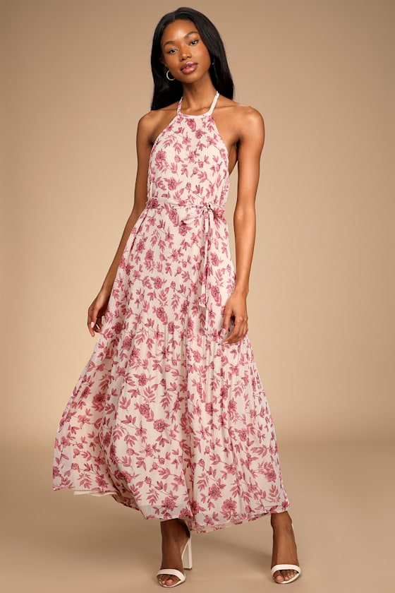 Extravagant Entrance Cream Floral Pleated Halter Maxi Dress 5