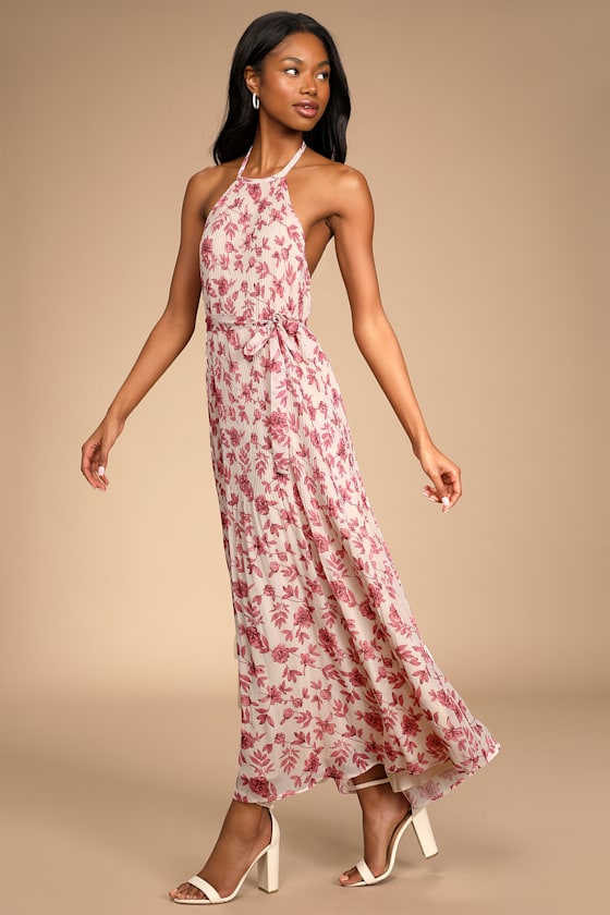 Cream Floral Print Dress - Pleated Maxi Dress - Halter Dress - Lulus