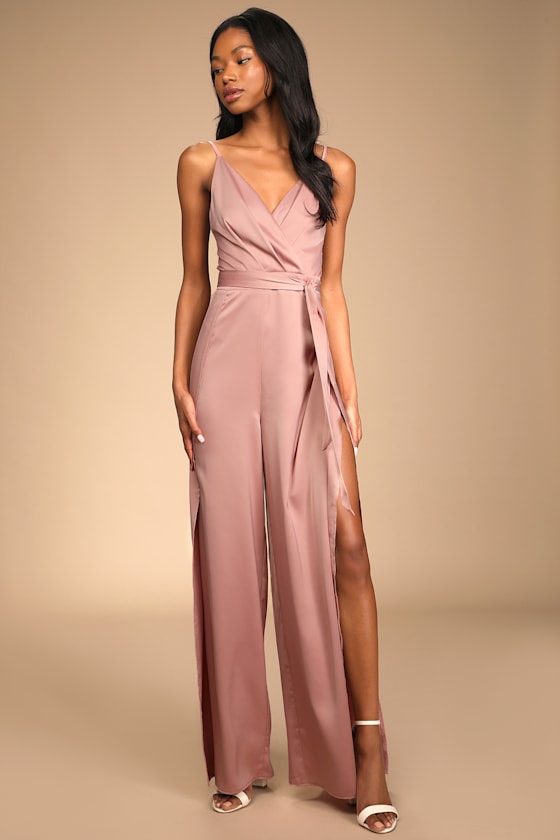 Classy Night Out Mauve Satin Slit Leg Jumpsuit 4