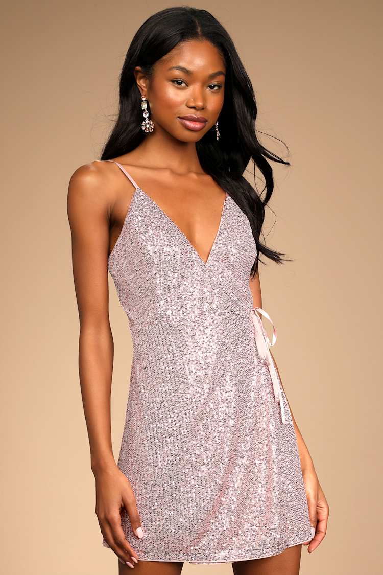Light Pink Sequin Dress - Mini Wrap Dress - Wrap Cocktail Dress - Lulus