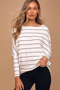 Verla White and Black Striped Dolman Sleeve Sweater Top