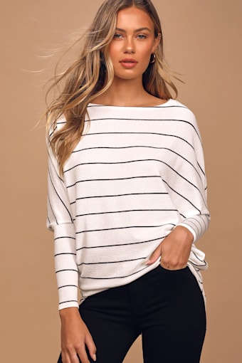 Verla White and Black Striped Dolman Sleeve Sweater Top 1