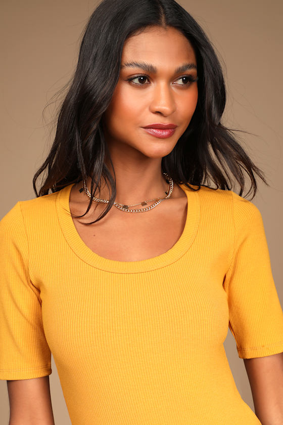 Mustard Yellow Bodysuit Scoop Neck Bodysuit Half Sleeve Top Lulus
