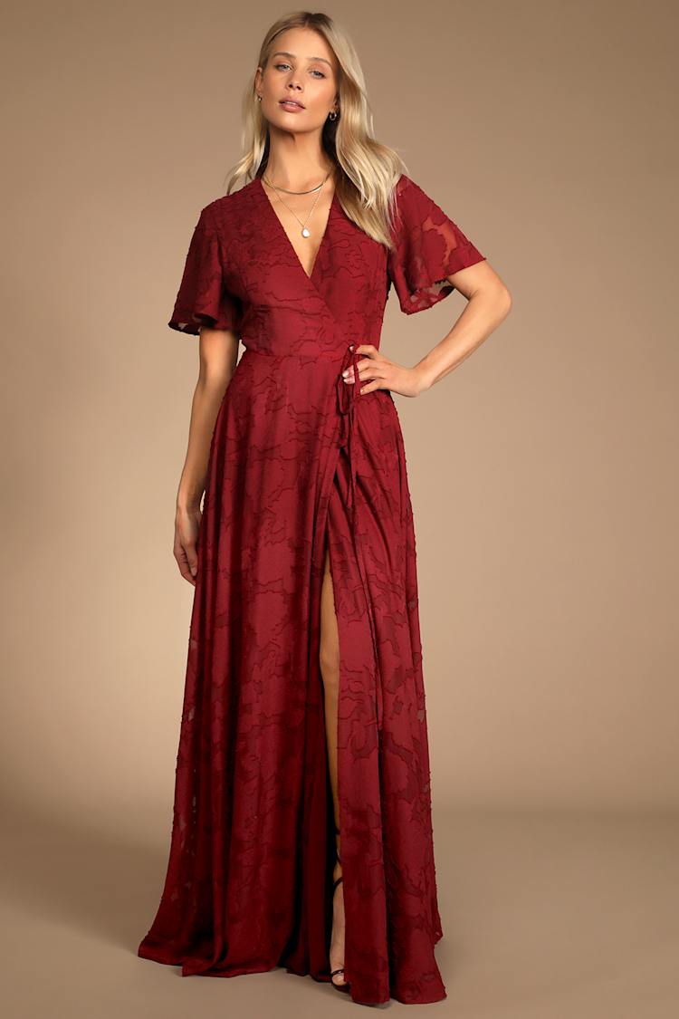 Wine Floral Dress - Maxi Wrap Dress - Flutter Sleeve Maxi Dress - Lulus