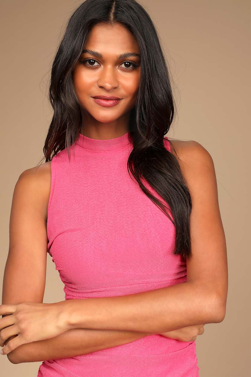 Hot Pink Mock Neck Dress - Bodycon Dress - Ruched Mini Dress - Lulus