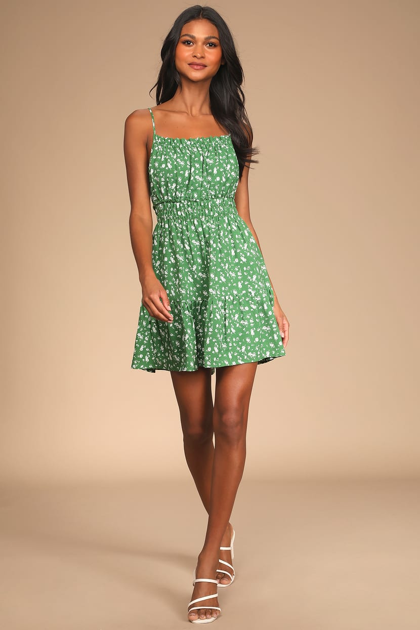 Flower Printed Spaghetti Straps Green Short Summer Dress With Ruffles