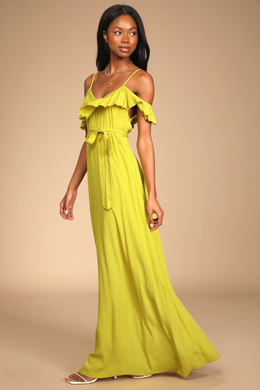 green emerald velvet dress Sexy Lime Green Off-shoulder Sweetheart Ruffle Side-slit A-line Long P –  SposaBridal main image 1
