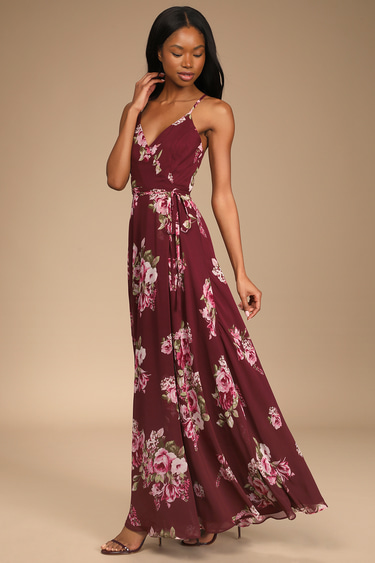 Elegantly Inclined Burgundy Floral Print Wrap Maxi Dress