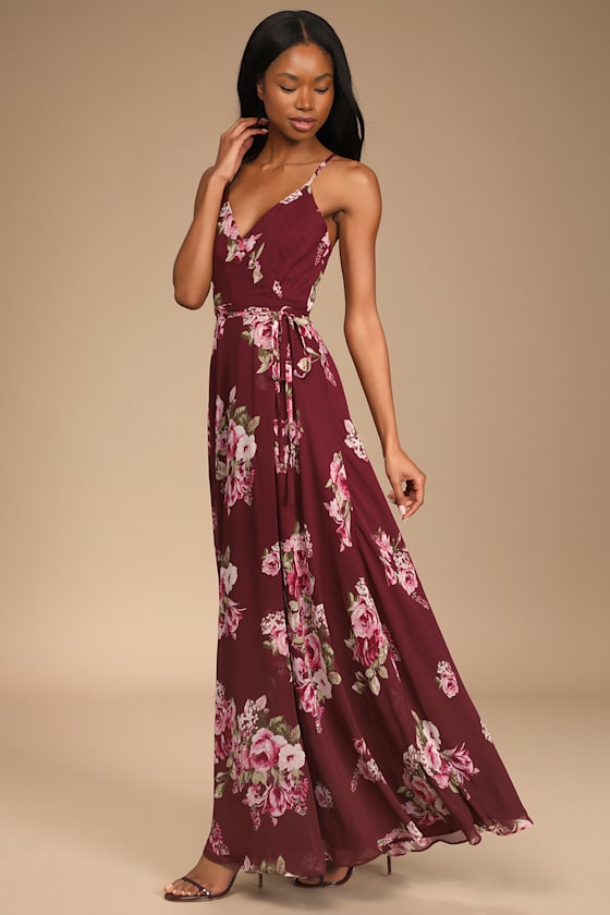 Elegantly Inclined Burgundy Floral Print Wrap Maxi Dress 1