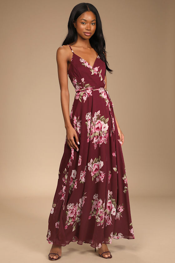 Elegantly Inclined Burgundy Floral Print Wrap Maxi Dress 6